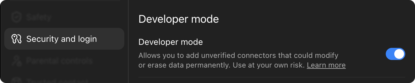 Developer mode turned on in the Security and login section of ChatGPT settings