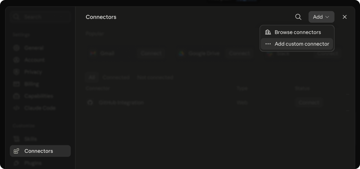 Add custom connector option in the Add menu of Claude’s Connectors settings