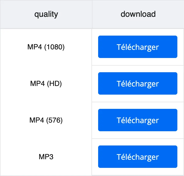 Choix MP4 1080p, 720p, 576p et MP3 après le traitement de la vidéo TikTok
