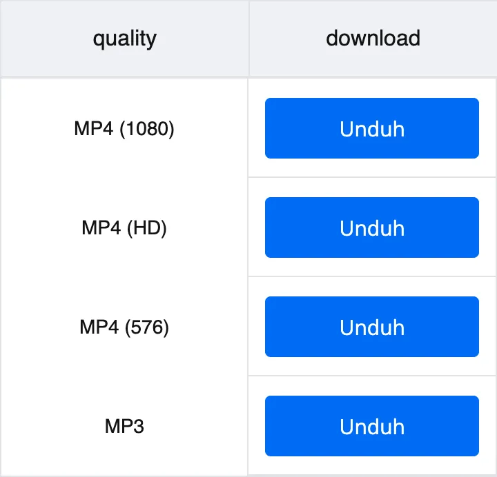 Pilihan MP4 1080p, 720p, 576p dan MP3 setelah video TikTok diproses