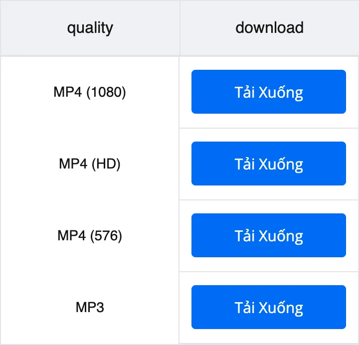 Lựa chọn MP4 1080p, 720p, 576p và MP3 sau khi xử lý video TikTok
